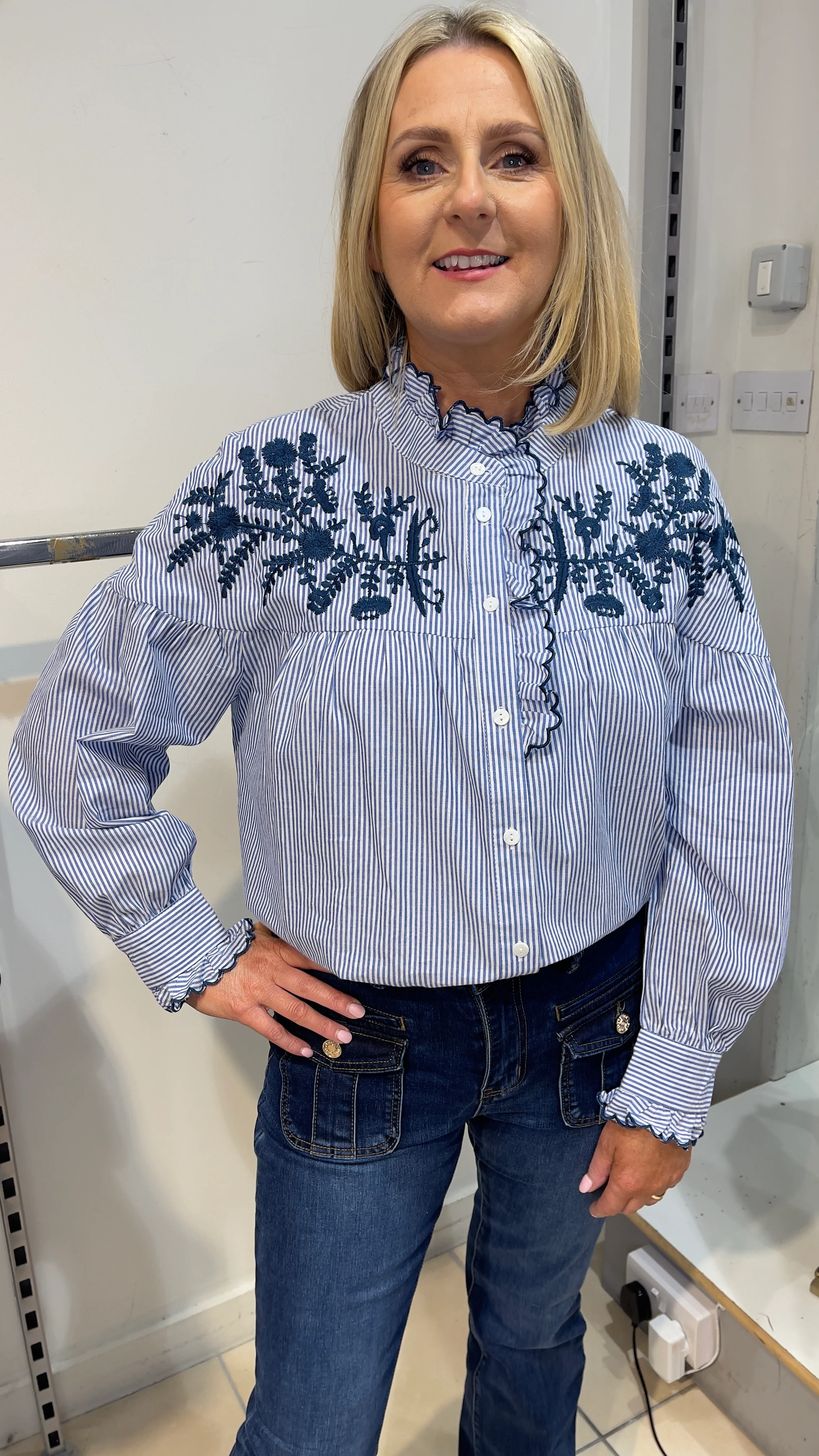 Rebecca - Stripe Embroidery Ruffle Neckline Top - Image 3